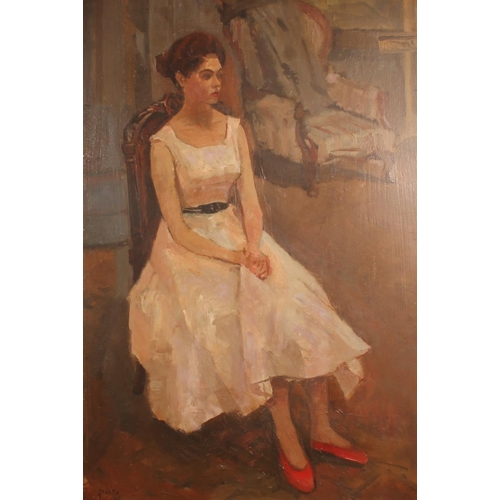 225 - Manner of MERVYN PEAKE (British 1911-1968) Full length portrait of a lady in gown and red shoes Oil ... 