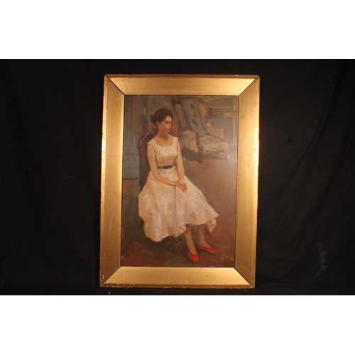 225 - Manner of MERVYN PEAKE (British 1911-1968) Full length portrait of a lady in gown and red shoes Oil ... 