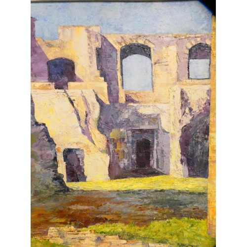 1 - Continental building scene, unsigned, oil on board.