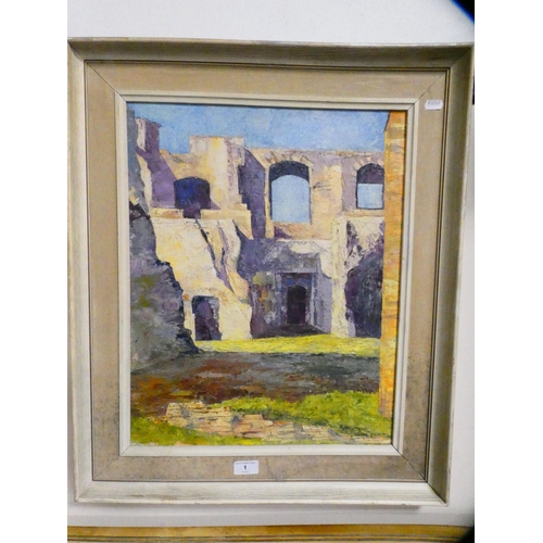 1 - Continental building scene, unsigned, oil on board.