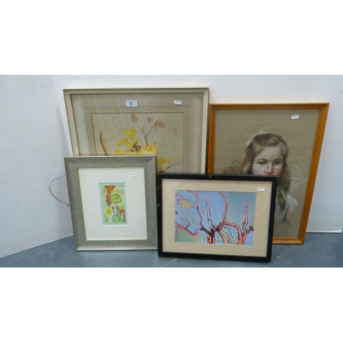 23 - Group of pictures and prints to include a pastel portrait of a girl, still life watercolour by Aragu... 