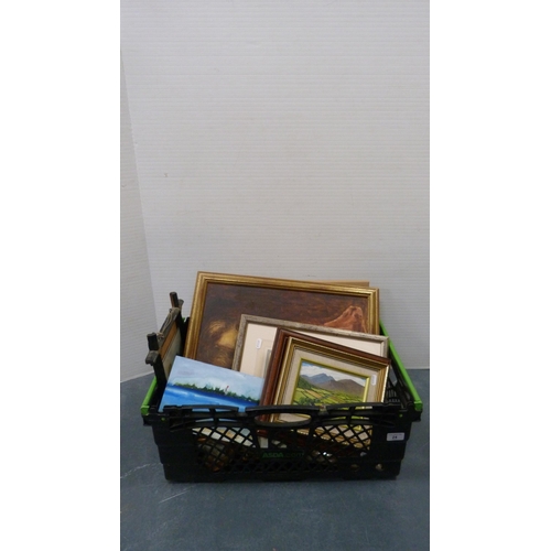 24 - Carton containing miscellaneous contemporary prints and pictures to include oils on board, portraits... 