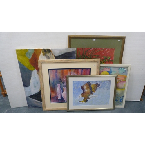 26 - Group of pictures to include a contemporary unframed portrait oil, still life watercolour etc.