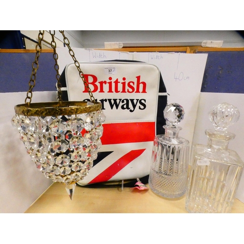 37 - British Airways flight bag, two crystal decanters and stoppers, and a cut glass ceiling light with d... 