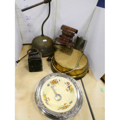 38 - Hanging barometer and brush set, game, hotel plate, blow torch, hip flask, 7lb weight etc.