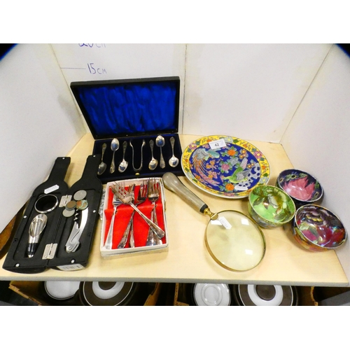 42 - Magnifying glass, Maling lustre bowls, modern Chinese plate, cake forks, cased set of six EP teaspoo... 