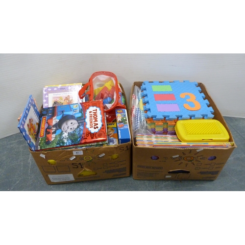 51 - Two cartons containing children's games, toys and books to include Thomas and Friends, Winnie the Po... 