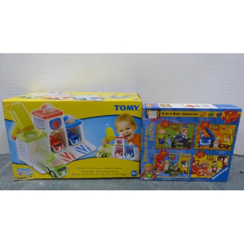 51 - Two cartons containing children's games, toys and books to include Thomas and Friends, Winnie the Po... 