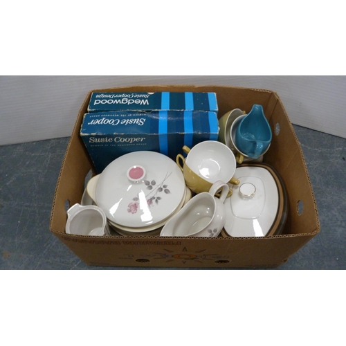 52 - Two cartons containing a collection of Susie Cooper 'Keystone' teawares, Royal Doulton tureens, Midw... 