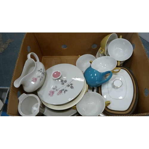 52 - Two cartons containing a collection of Susie Cooper 'Keystone' teawares, Royal Doulton tureens, Midw... 