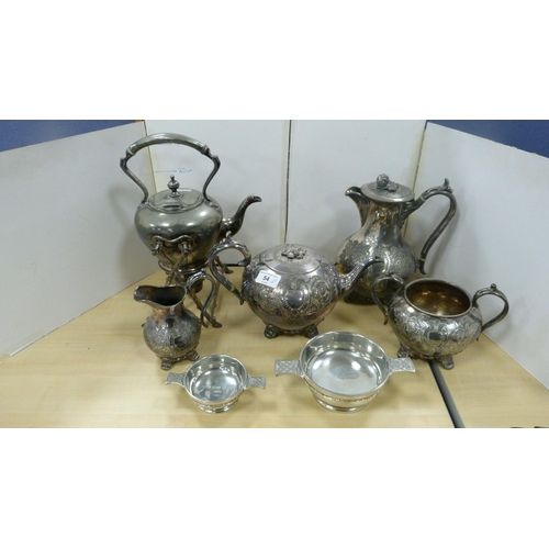 54 - EP and plated wares to include three-piece tea set, similar water pot, pewter quaichs, and a spirit ... 