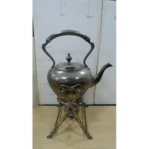 54 - EP and plated wares to include three-piece tea set, similar water pot, pewter quaichs, and a spirit ... 