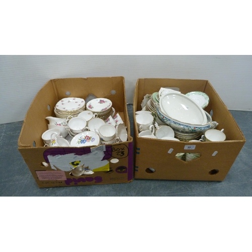 55 - Two cartons containing china teawares to include Tuscan 'Bridal Flower', Duchess, Colclough, Paragon... 