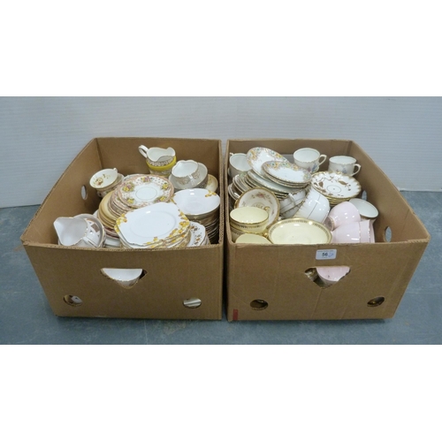 56 - Two cartons containing a large collection of miscellaneous china teawares to include Bell China, Roy... 