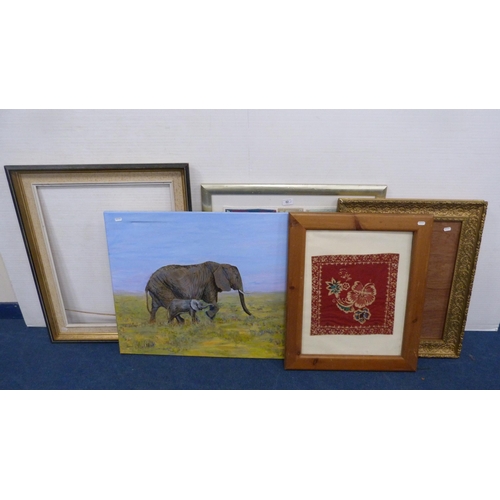 62 - Group of pictures to include Liz Stansbridge batik-style picture, framed textile, gilt frame, modern... 