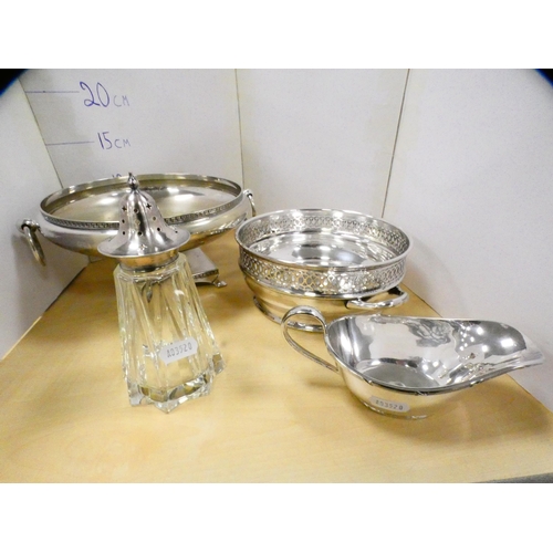 70 - Collection of EP and plated wares to include two pairs of candlesticks, classical-style bowl, sauce ... 