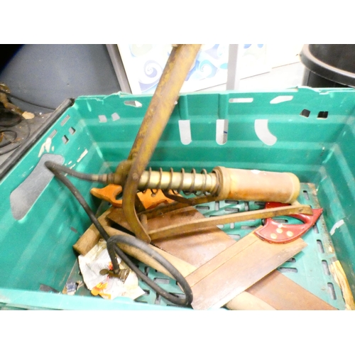 72 - Carton containing tools to include spirit level, foot pump, saw, Stanley no. 4 plane, bucket etc.&nb... 