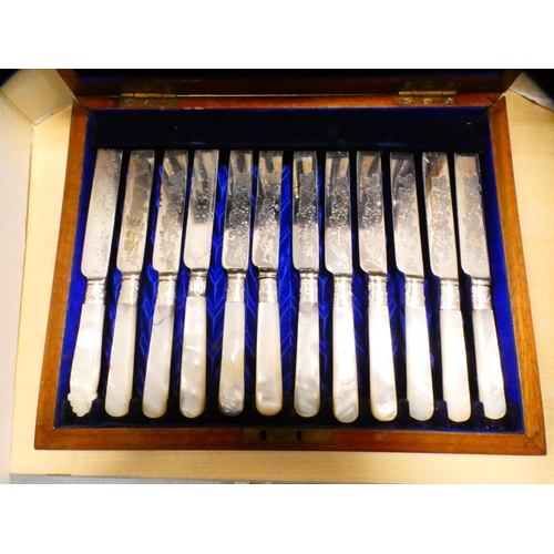 77 - Near-set of fruit knives and forks with mother of pearl handles, also a preserve spoon and fork.