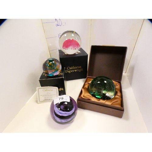 79 - Caithness glass paperweight, boxed, two other Caithness paperweights, and a boxed Langham Glass Hous... 