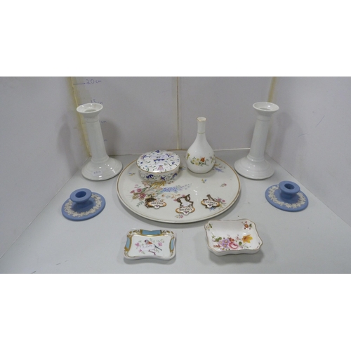 87 - Limoges porcelain cabaret tray, Coalport porcelain jar and cover, Wedgwood spill vase, pair of Wedgw... 