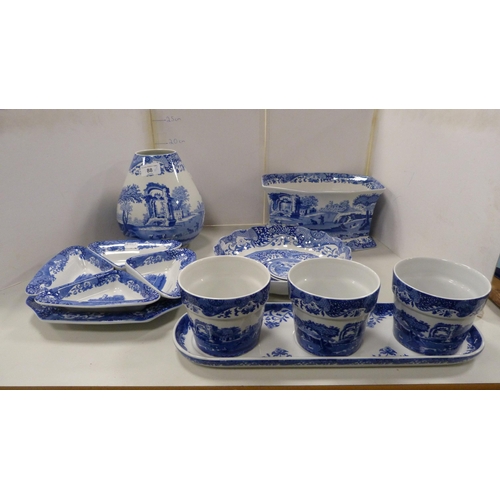 88 - Collection of Spode blue and white tablewares to include 'Italian' pattern, vase, frilly-rimmed dish... 