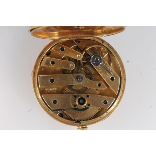 463 - 18ct gold cased fob watch with engraved dial, the works stamped 'Muller Geneve', 35g gross.