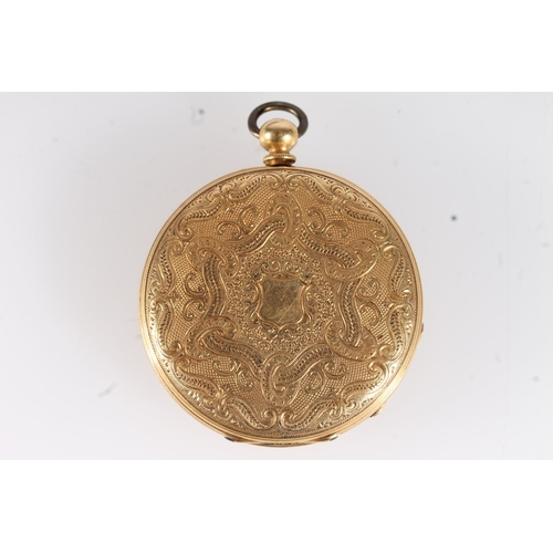 463 - 18ct gold cased fob watch with engraved dial, the works stamped 'Muller Geneve', 35g gross.