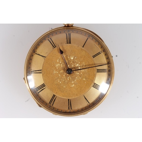 463 - 18ct gold cased fob watch with engraved dial, the works stamped 'Muller Geneve', 35g gross.