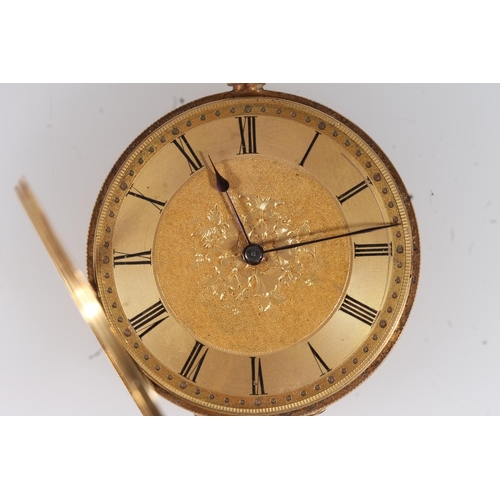 463 - 18ct gold cased fob watch with engraved dial, the works stamped 'Muller Geneve', 35g gross.