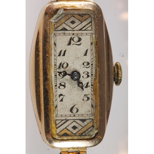 464 - Ladies 9ct gold cased cocktail wristwatch having 15 jewel Swiss movement on 9ct gold expanding brace... 