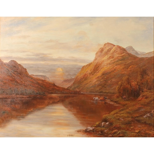 401 - S BUTLER, Scottish Highland landscape scene with cattle drinking from a loch, oil painting on canvas... 