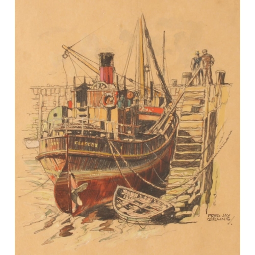 402 - FRED JAY GIRLING (British 1900-1982), Boat in harbour, pencil drawing, signed lower right, 24cm x 19... 