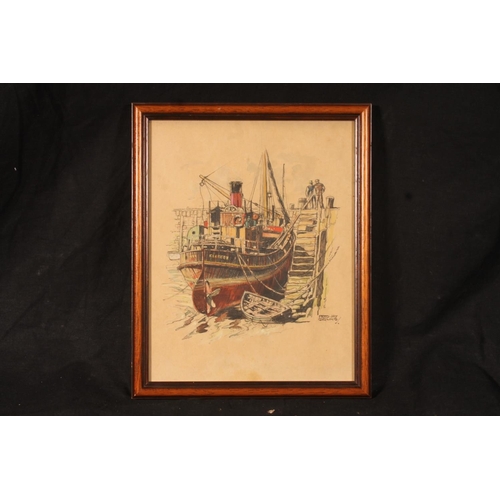 402 - FRED JAY GIRLING (British 1900-1982), Boat in harbour, pencil drawing, signed lower right, 24cm x 19... 