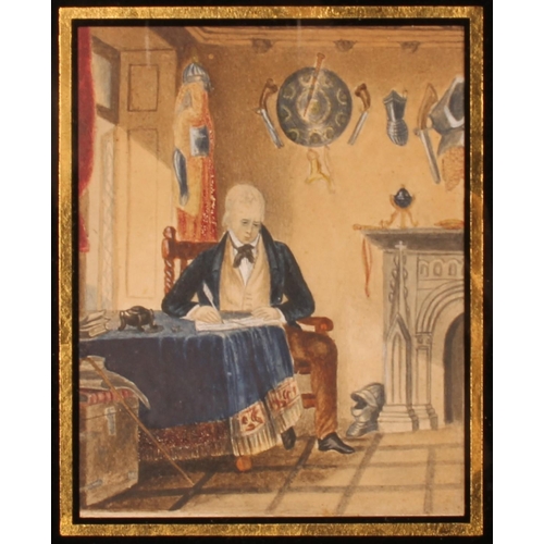 403 - 19TH CENTURY SCHOOL, Sir Walter Scott, watercolour in verre eglomise frame, 10cm x 8cm, 20cm x 18cm.