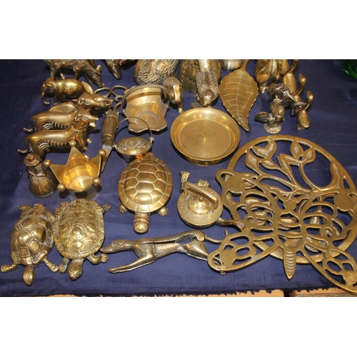 13 - Large collection of brass ware to include an 'amber' handled kettle, candlesticks, tortoise models, ... 