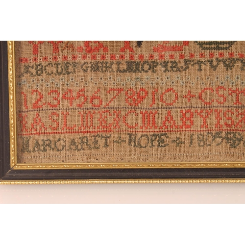 21 - Georgian needlework sampler with alphabets and numerals by Margaret Hope, dated 1805, 21cm x 21cm, i... 