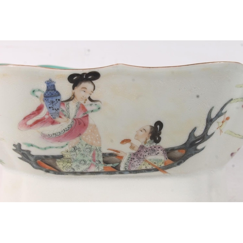 29 - Chinese canton famille rose porcelain bowl of lobed form painted with figures on boats, red seal mar... 