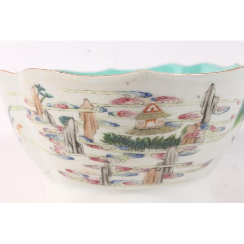 29 - Chinese canton famille rose porcelain bowl of lobed form painted with figures on boats, red seal mar... 