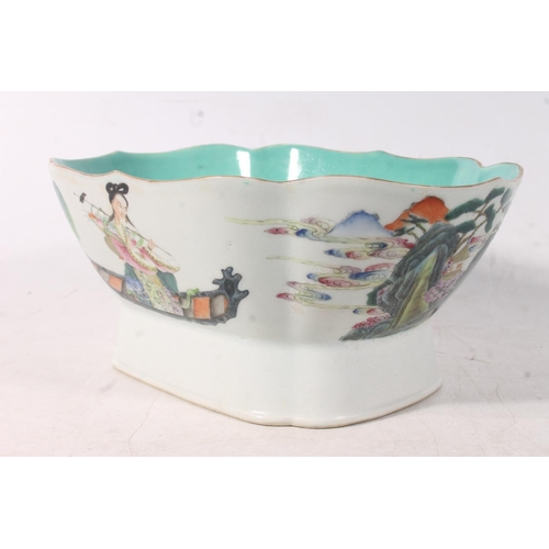 29 - Chinese canton famille rose porcelain bowl of lobed form painted with figures on boats, red seal mar... 