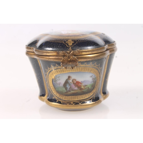 61 - French Sevres style porcelain trinket box of trefoil form, the top with vignette depicting a courtin... 