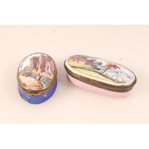 63 - Antique enamelled copper oval trinket box, the top with depiction of Windsor Castle, 4.5cm long, and... 