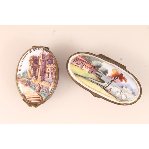 63 - Antique enamelled copper oval trinket box, the top with depiction of Windsor Castle, 4.5cm long, and... 