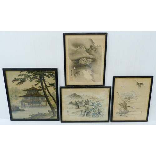 314 - Japanese Yuzen-Birodo embroidery depicting a temple on water, trees to the foreground and background... 