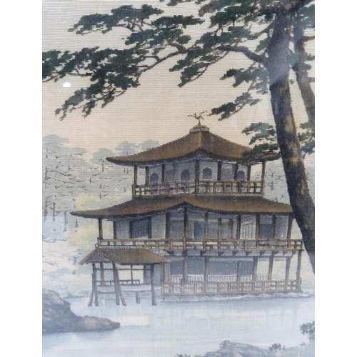 314 - Japanese Yuzen-Birodo embroidery depicting a temple on water, trees to the foreground and background... 