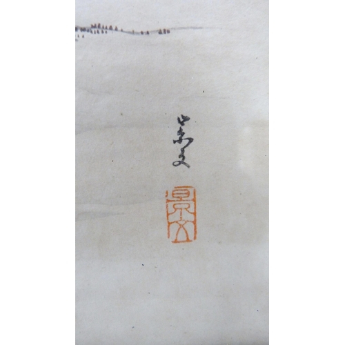 314 - Japanese Yuzen-Birodo embroidery depicting a temple on water, trees to the foreground and background... 