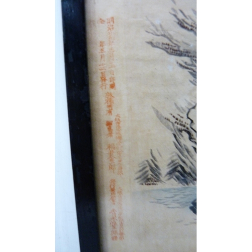 314 - Japanese Yuzen-Birodo embroidery depicting a temple on water, trees to the foreground and background... 