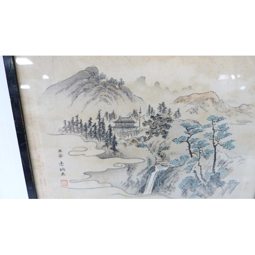 314 - Japanese Yuzen-Birodo embroidery depicting a temple on water, trees to the foreground and background... 