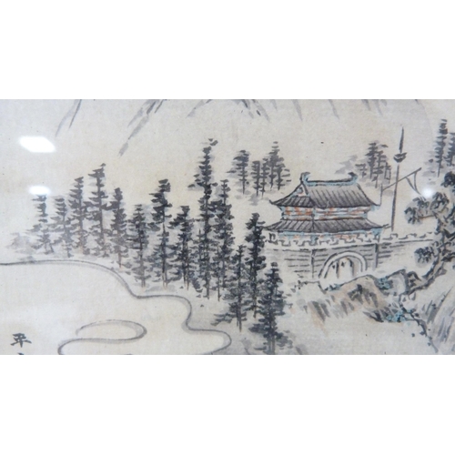 314 - Japanese Yuzen-Birodo embroidery depicting a temple on water, trees to the foreground and background... 