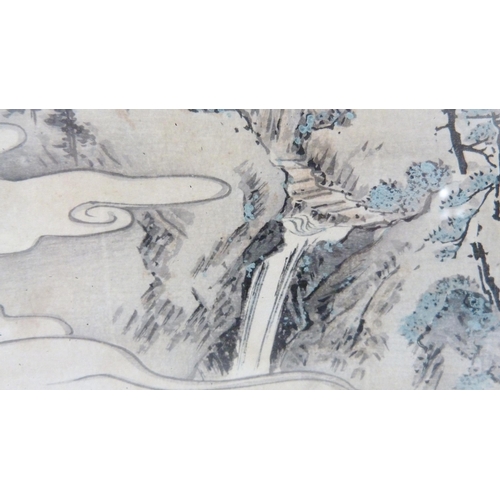 314 - Japanese Yuzen-Birodo embroidery depicting a temple on water, trees to the foreground and background... 
