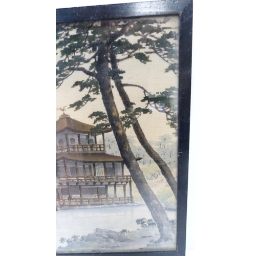 314 - Japanese Yuzen-Birodo embroidery depicting a temple on water, trees to the foreground and background... 